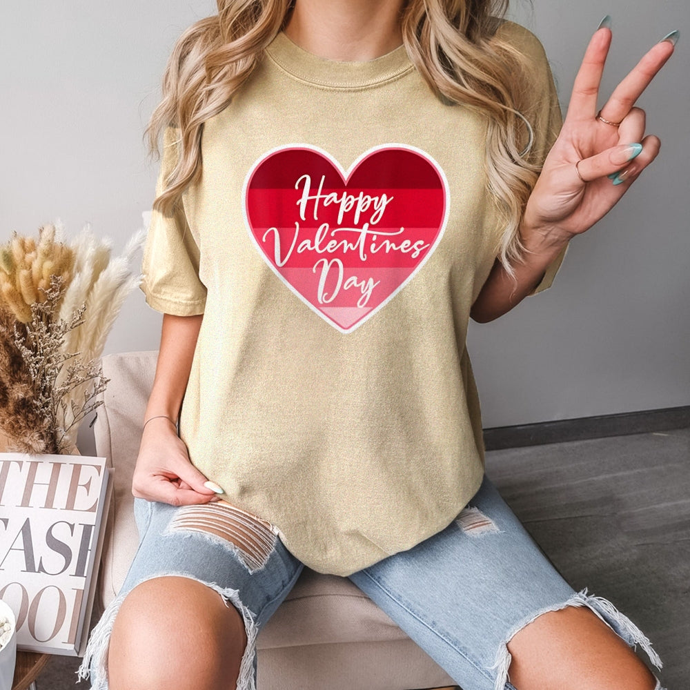 Women Happy Valentine's Day Pink Heart Print Graphic T-shirt