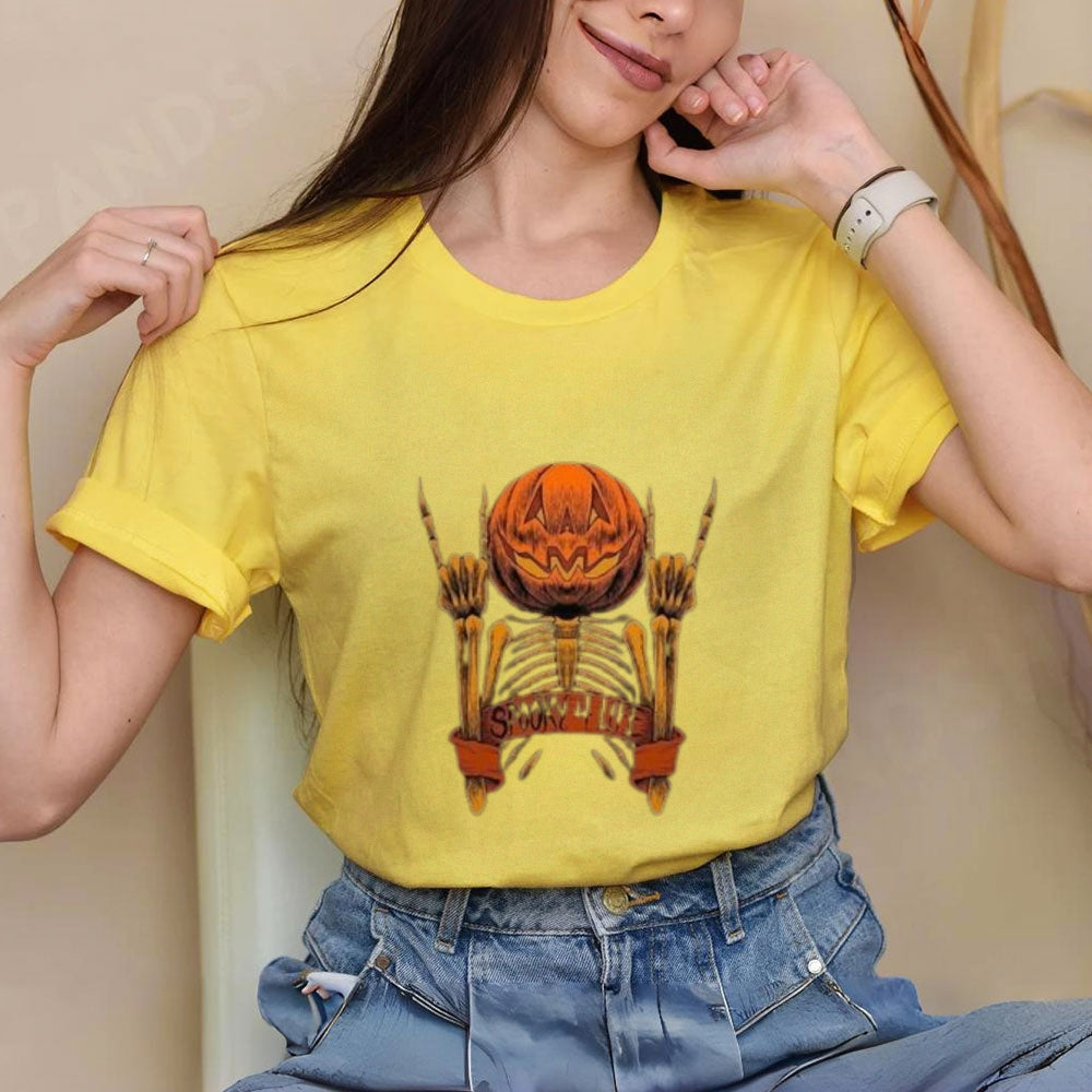 Women Halloween Spooky Finger Skull Graphic T-shirt