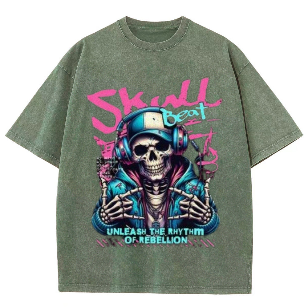 Women Washed Vintage Skull Beat Graphic T-shirt