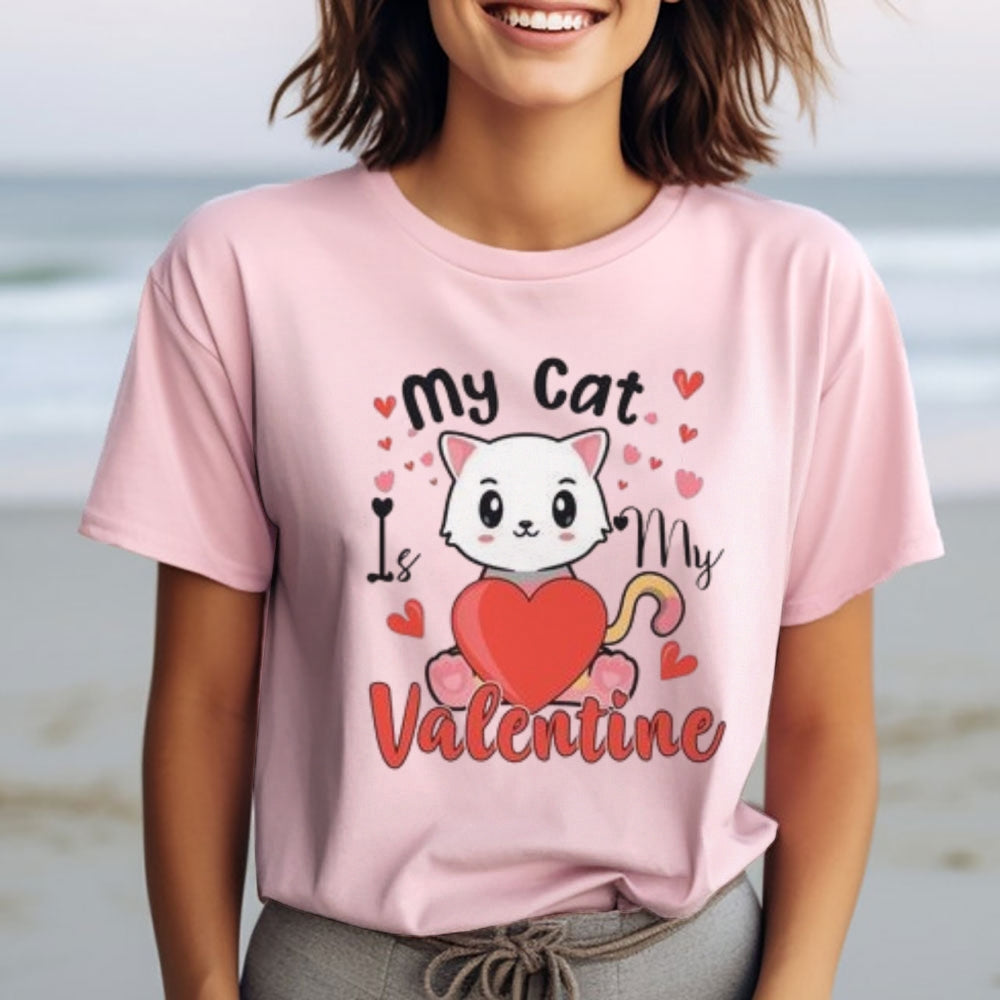 Women My Cat Is My Valentine's Day Print Graphic T-shirt