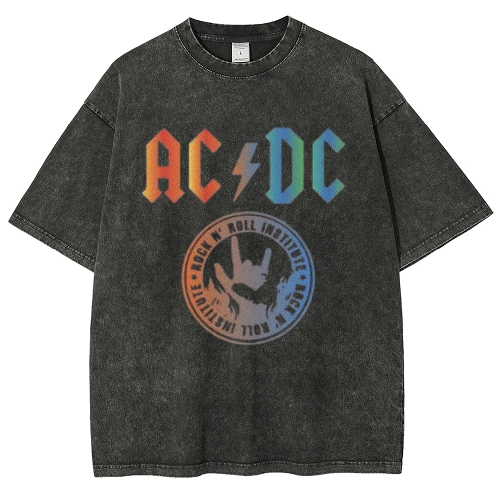 Unisex Vintage The Acdc Rock Band Print Short Sleeve Casual Graphic Washed T-shirt