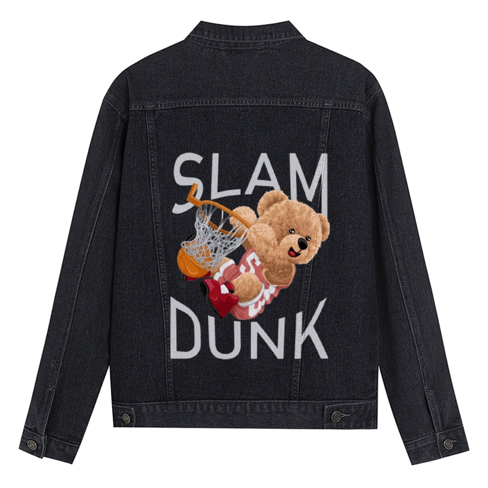 Mens Vintage Cartoon Cute Bear Prints Slam Dunk Denim Jacket