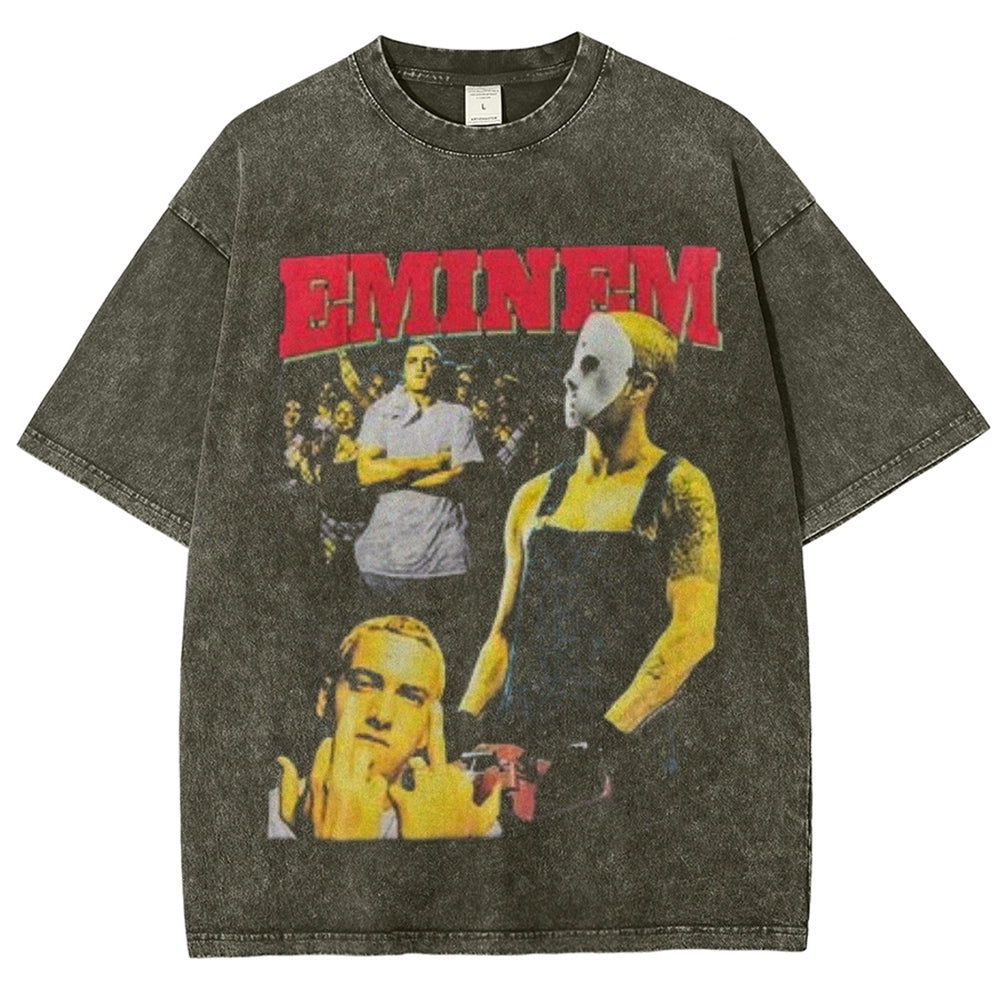 Unisex Vintage Eminem Darkness Style Graphic Short Sleeve Washed T-shirt