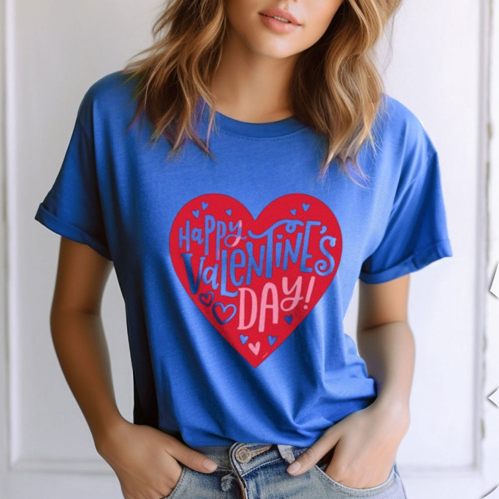 Women Happy Valentine's Day Heart Shape Print Graphic T-shirt