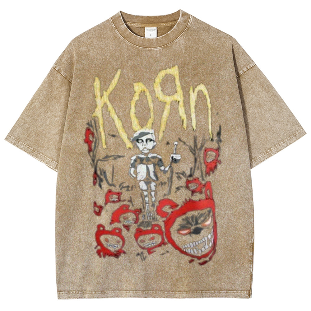 Unisex Vintage The Korn Rock Band Print Short Sleeve Casual Graphic Washed T-shirt