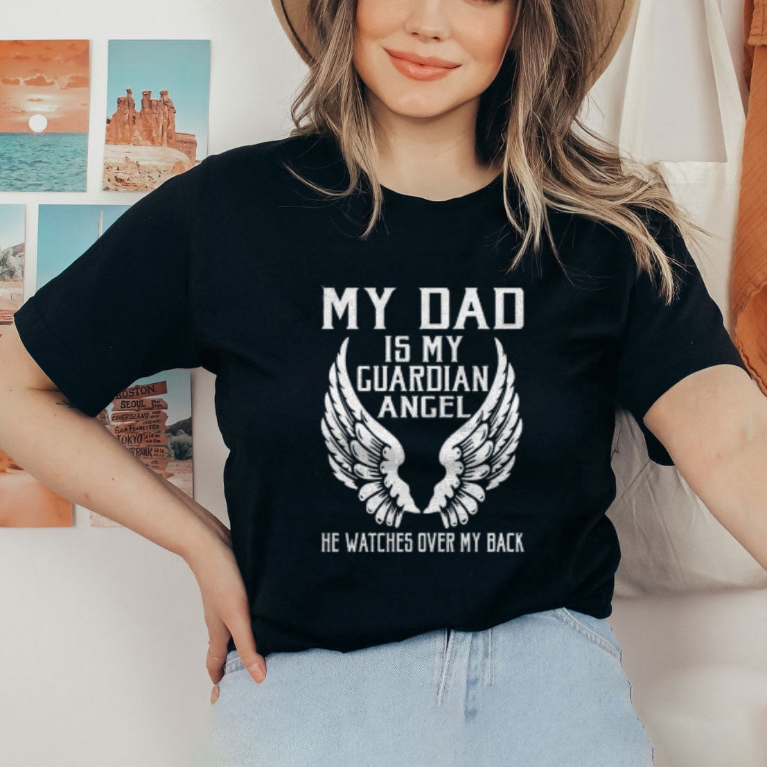 Women My Dad Is My Custom Angel Print Graphic T-shirt