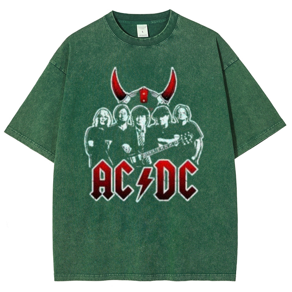 Unisex Vintage The Acdc Rock Band Print Short Sleeve Casual Graphic Washed T-shirt