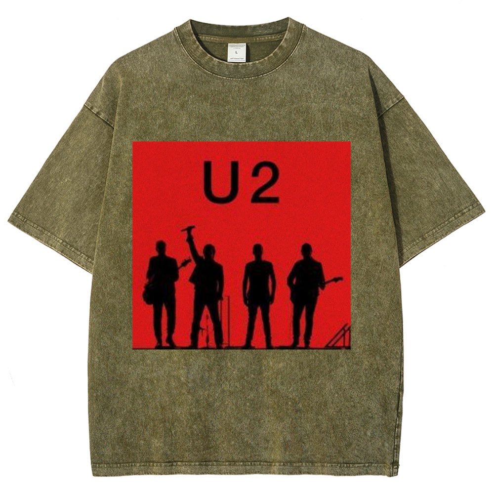 Unisex Vintage The U2 Rock Band Print Short Sleeve Casual Graphic Washed T-shirt