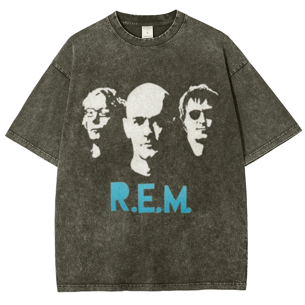 Unisex Vintage The Rem Rock Band Print Short Sleeve Casual Graphic Washed T-shirt