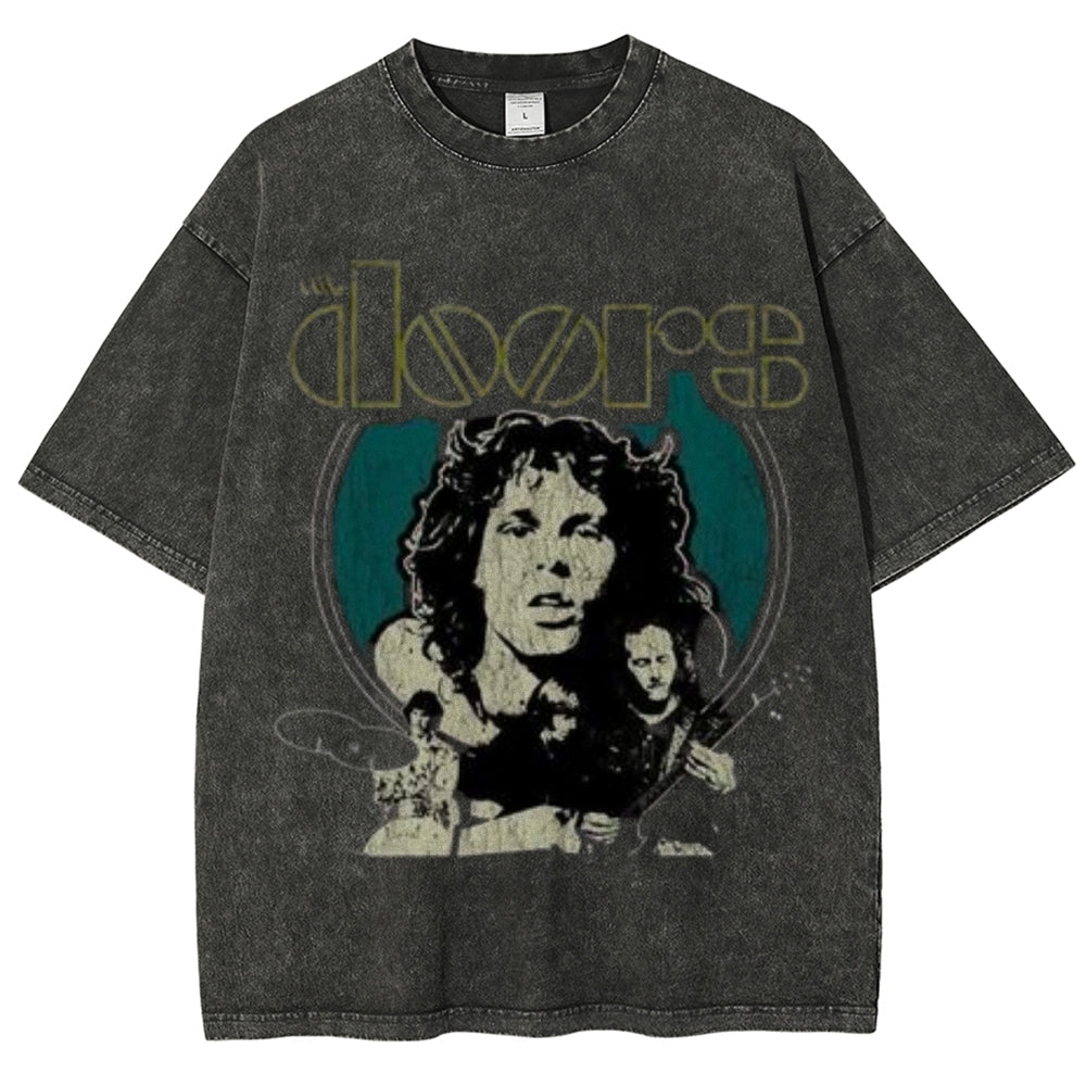 Unisex Vintage The Doors Rock Band Print Short Sleeve Casual Graphic Washed T-shirt