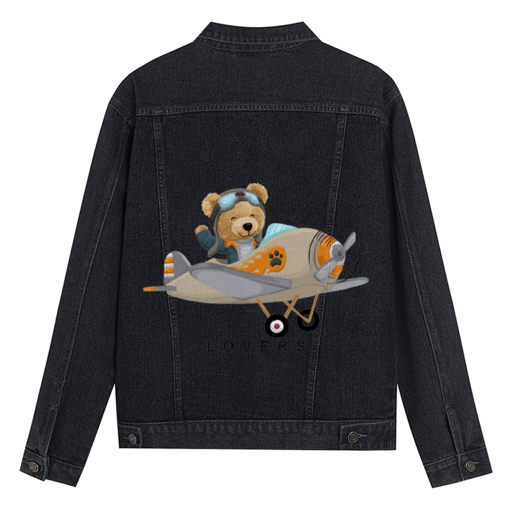 Mens Vintage Cartoon Cute Pilot Bear Prints Denim Jacket