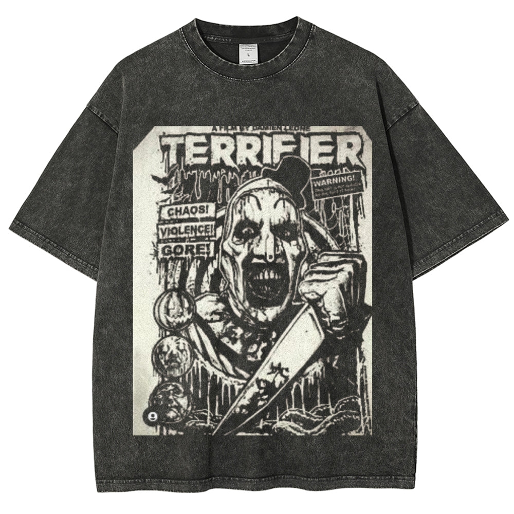 Unisex Vintage Terrifier Horror Graphic Short Sleeve Washed T-shirt