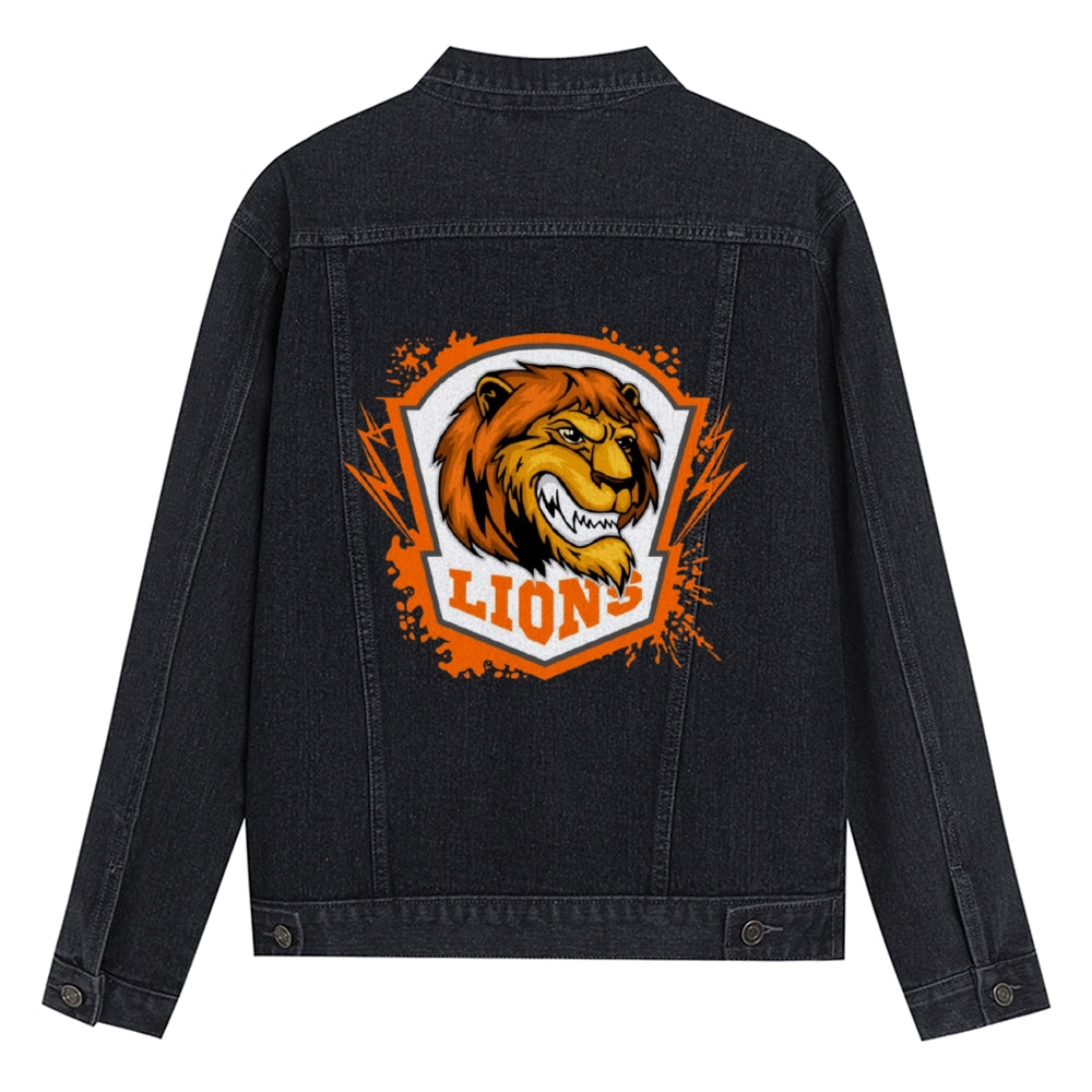 Mens Vintage Cartoon Prints Lion Head Denim Jacket