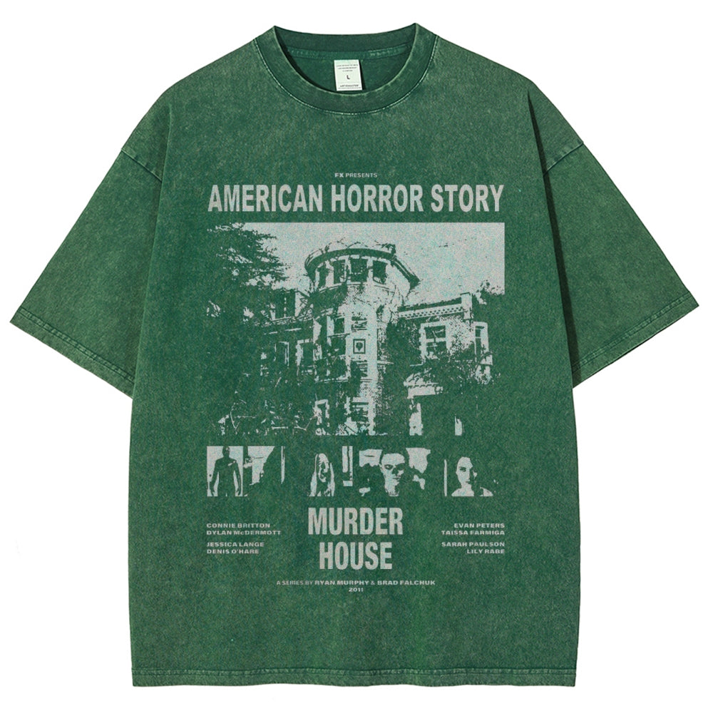 Unisex Vintage American Horror Story Graphic Short Sleeve Washed T-shirt