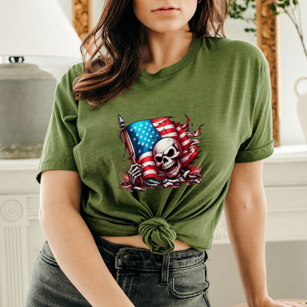 Women Flag Independence Day Skull Print T-shirt