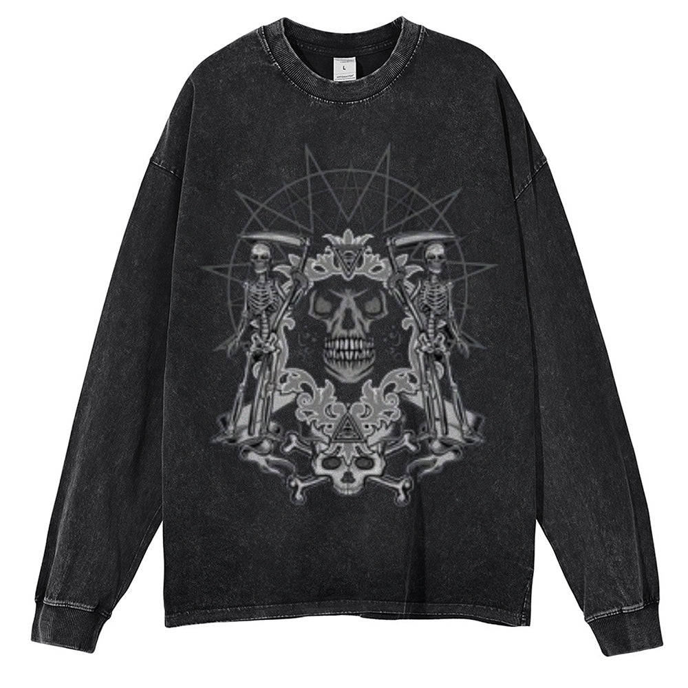 Oversized Vintage Washed Gothic Skull Graphic Sweatshirt