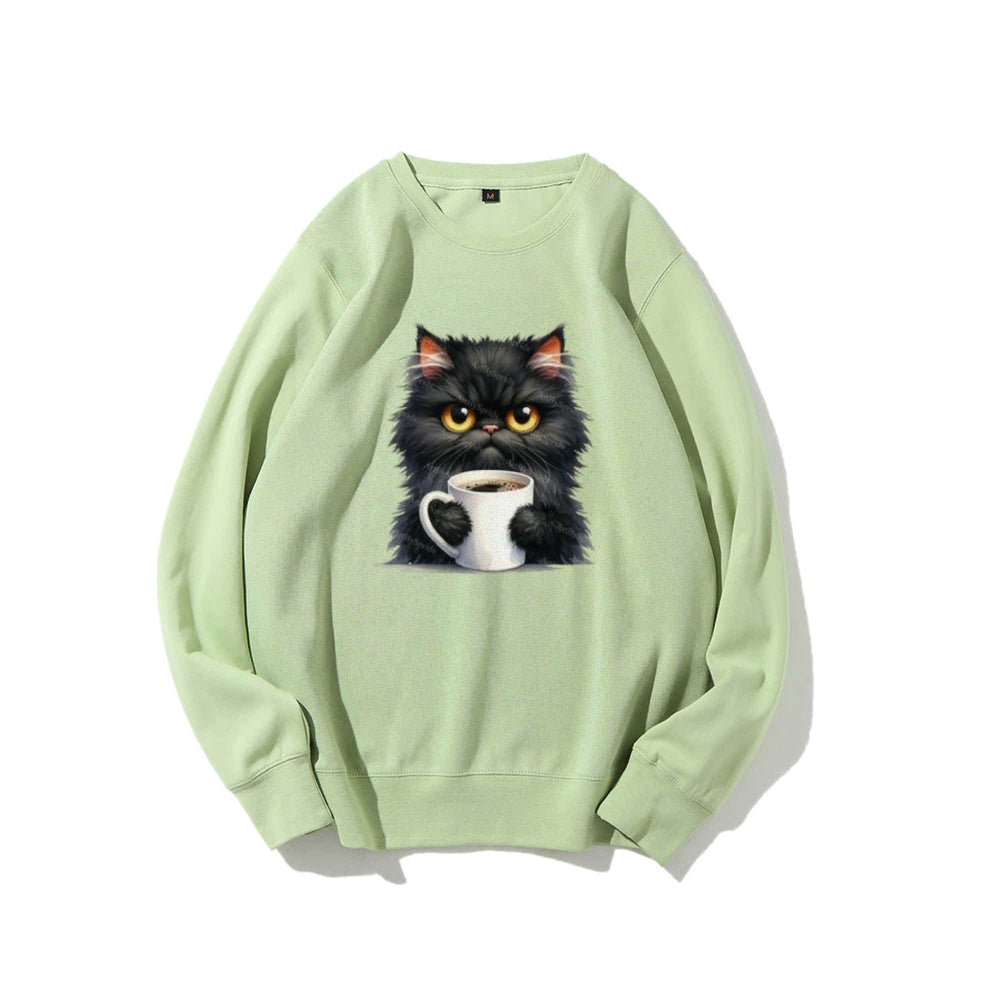 Black Cat with Coffee Cup Graphic Sweatshirts