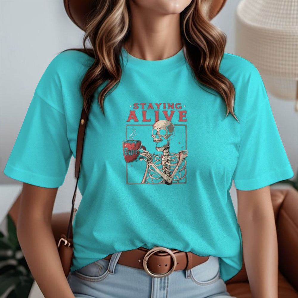 Women Staying Alive Skull Graphic T-shirt