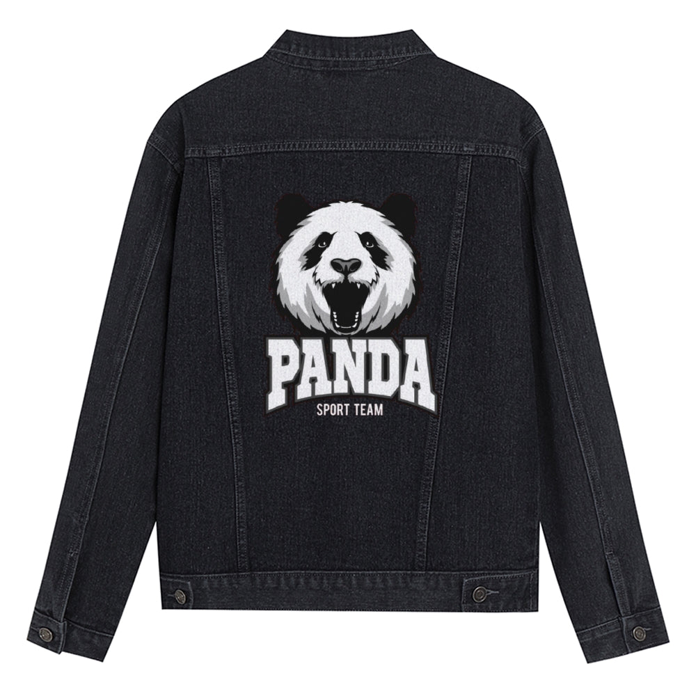 Mens Vintage Cartoon Prints PANDA SPORT TEAM Denim Jacket