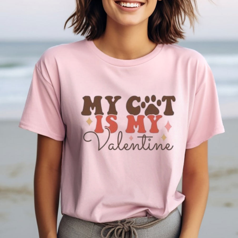 Women My Cat Is My Valentine's Day Print Graphic T-shirt