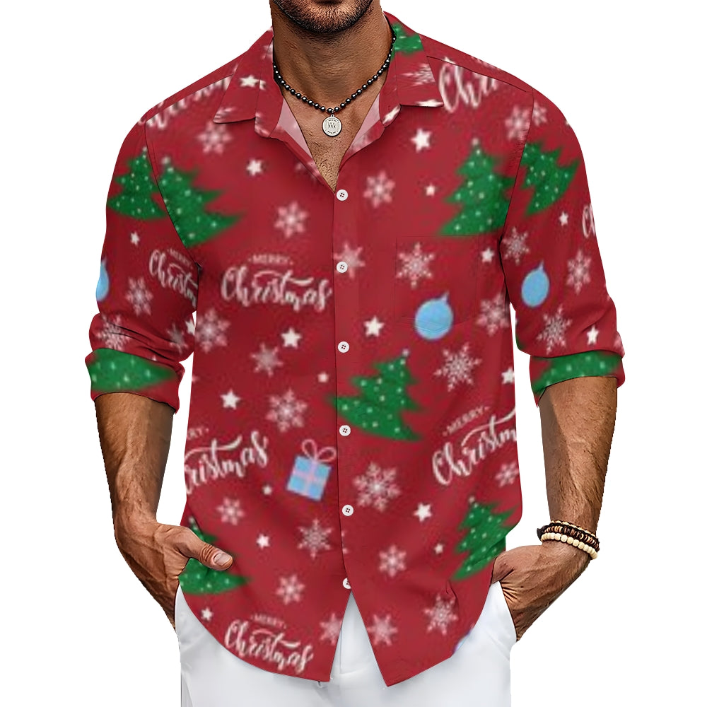 Mens Merry Christmas Tree Print Long Sleeve Shirt