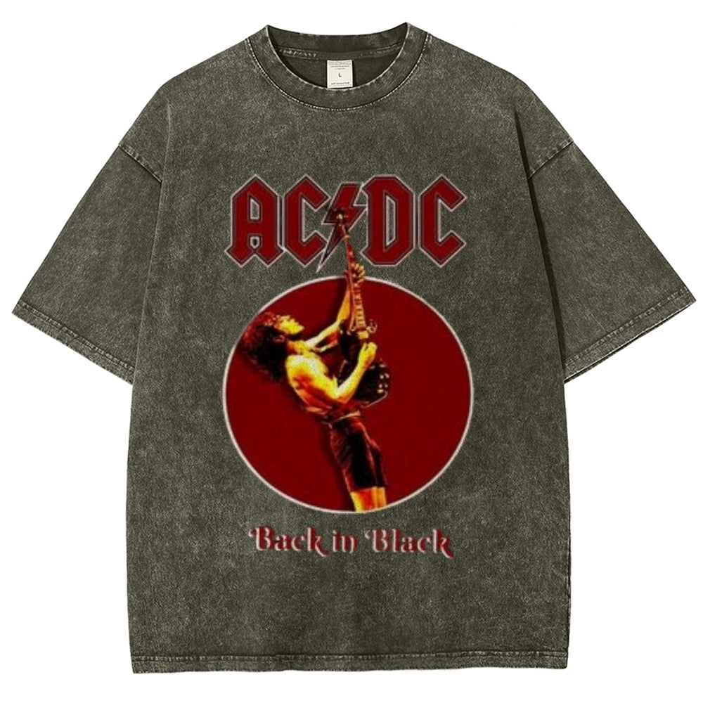 Unisex Vintage The Acdc Rock Band Print Short Sleeve Casual Graphic Washed T-shirt