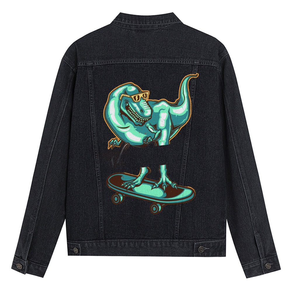 Mens Vintage Skate Cartoon Prints Green Dinosaur Denim Jacket