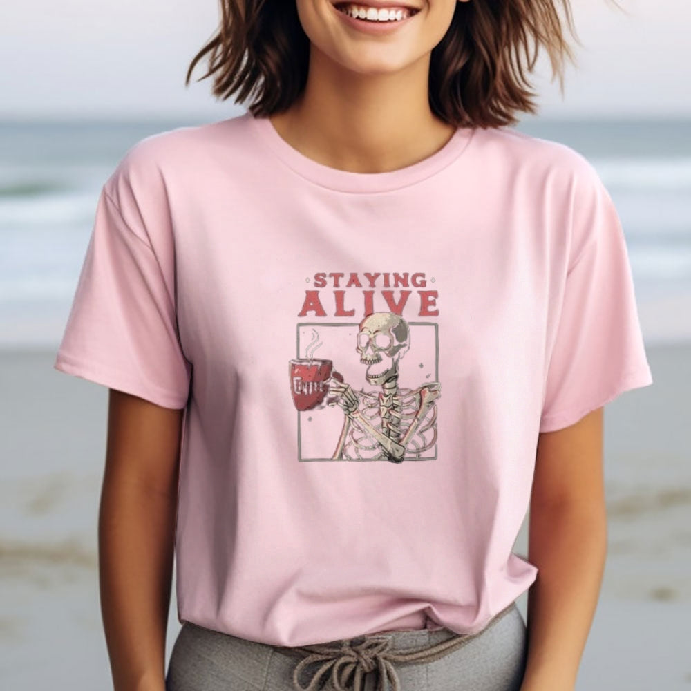 Women Staying Alive Skull Graphic T-shirt