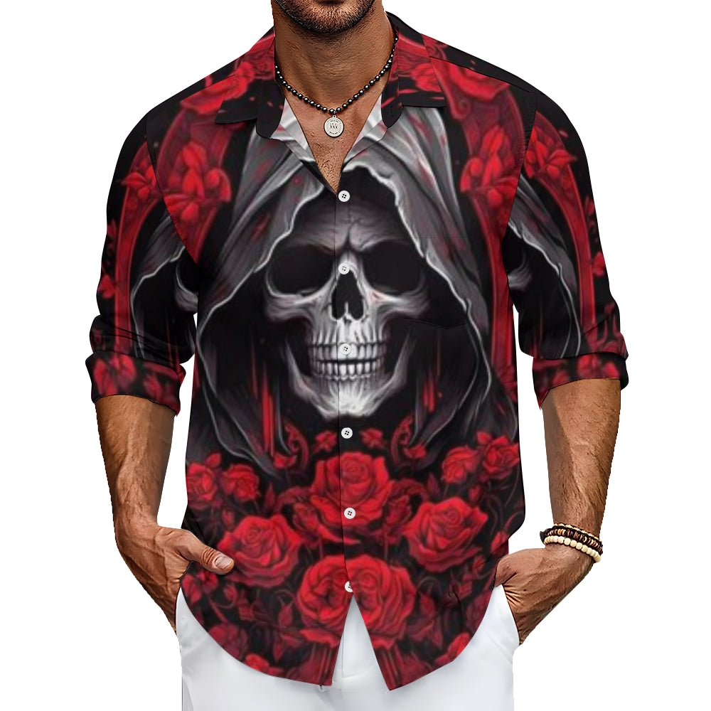 Mens Skull with Roses 3D Print Long Sleeve Shirt