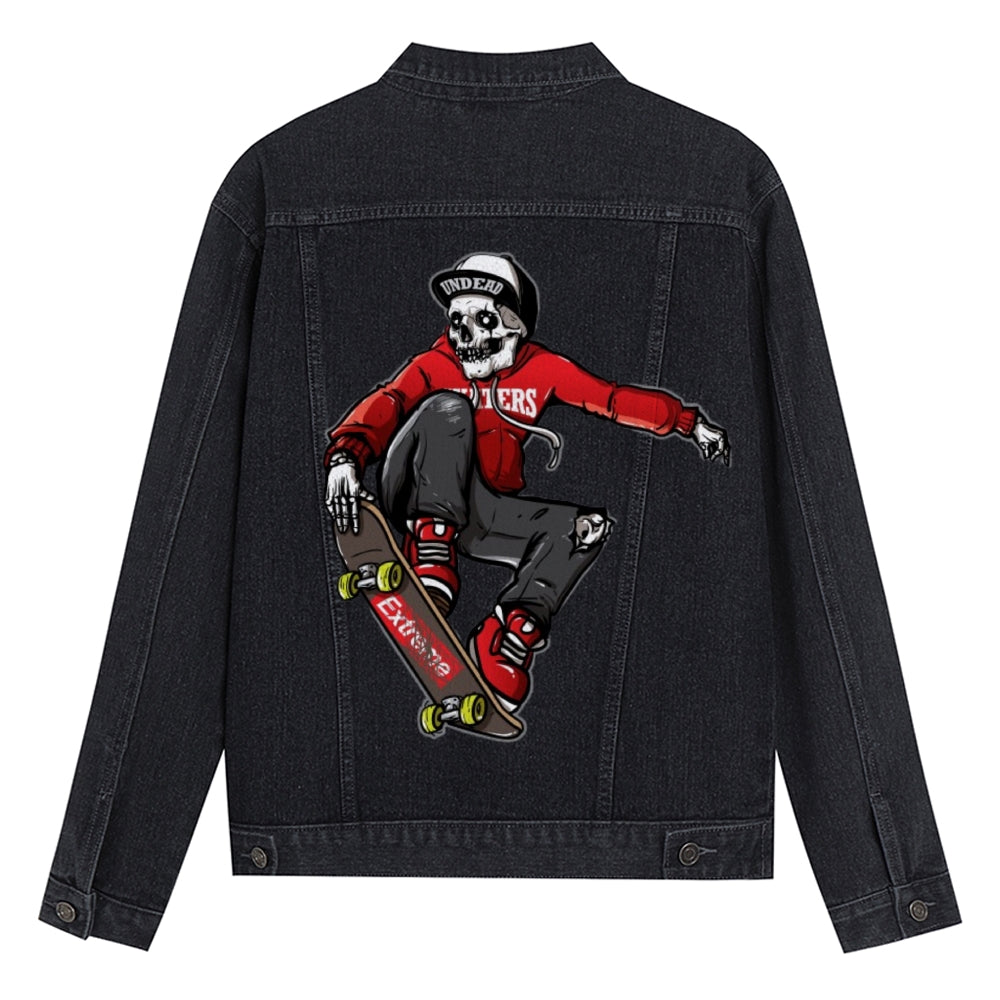 Mens Vintage Skate Cartoon Prints Skeleton Denim Jacket