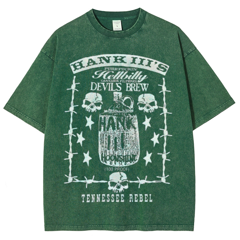 Unisex Vintage Hank 3 Darkness Style Graphic Short Sleeve Washed T-shirt