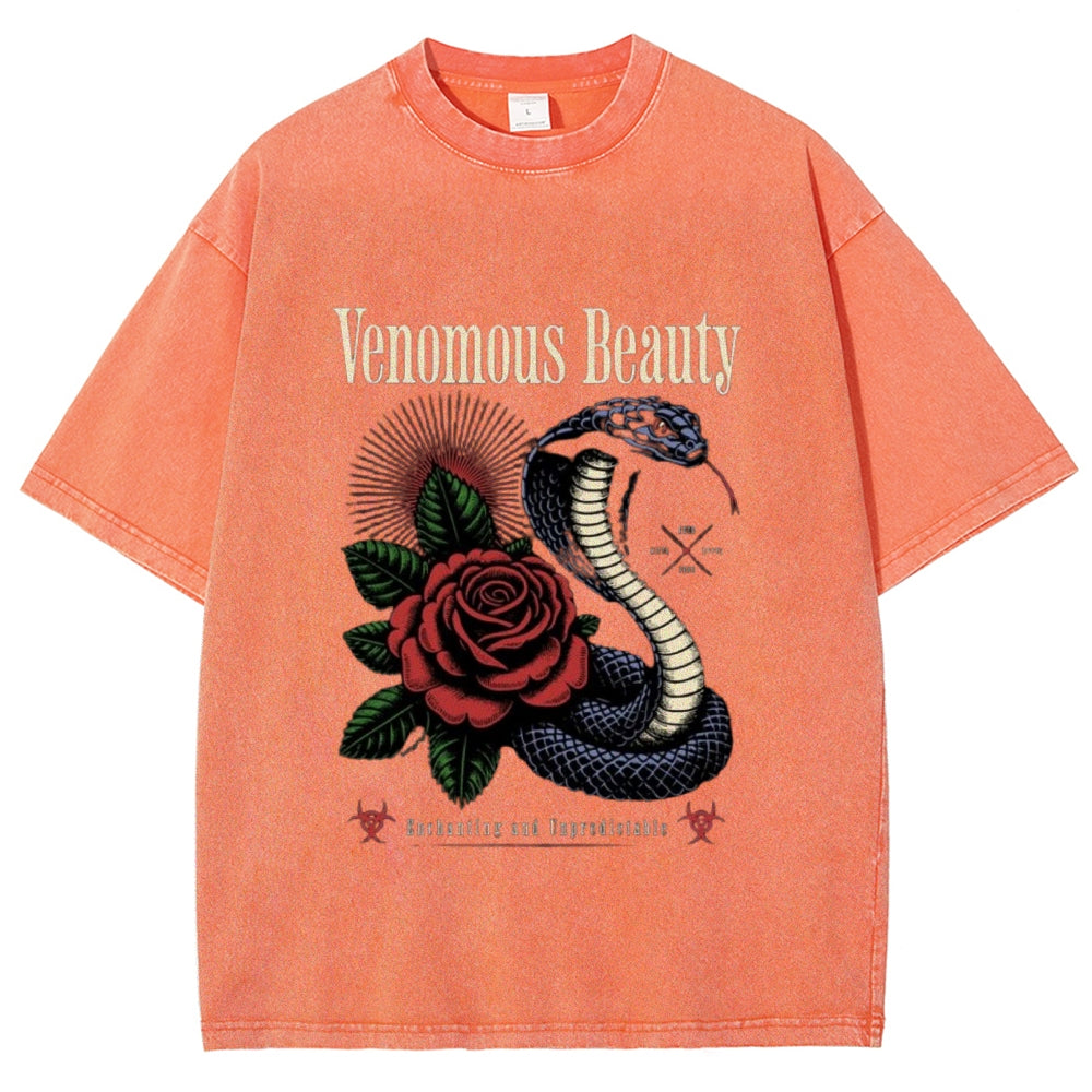 Women Washed Vintage Beauty Rose Snake Graphic T-shirt