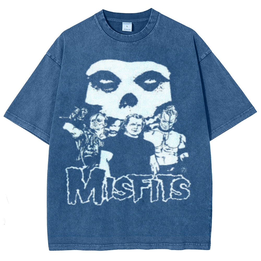 Unisex Vintage The Misfits Rock Band Print Short Sleeve Casual Graphic Washed T-shirt