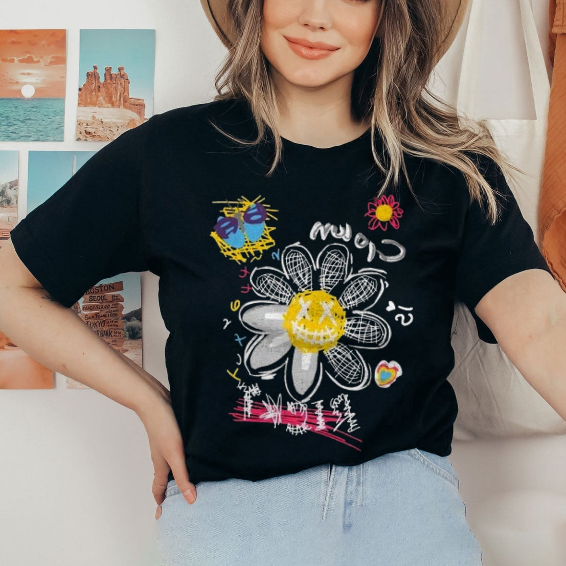 Women  Letter And Flower Print Graphic T-shirt