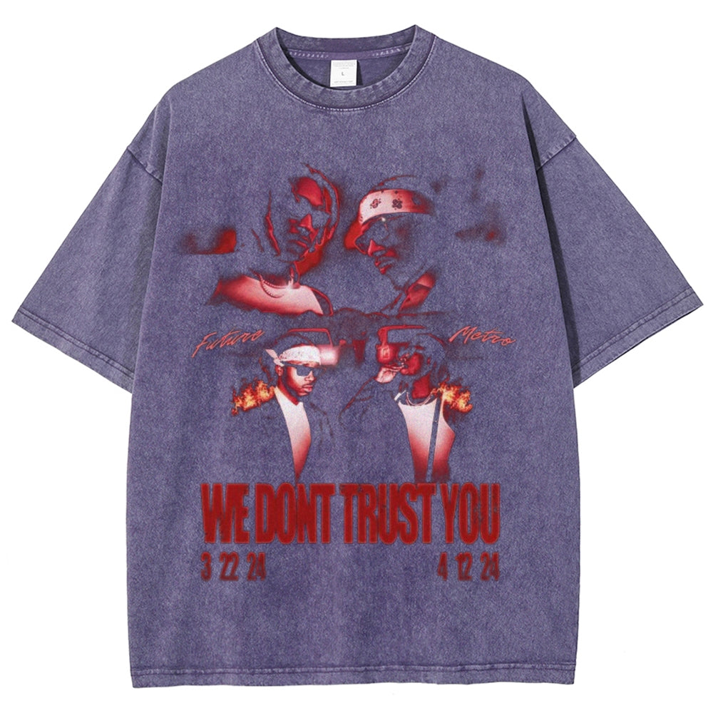 Unisex Vintage We Don't Trust You Graphic Short Sleeve Washed T-shirt