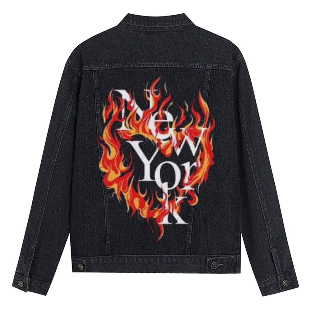 Mens New York Flame Graphic Button Up Denim Jacket