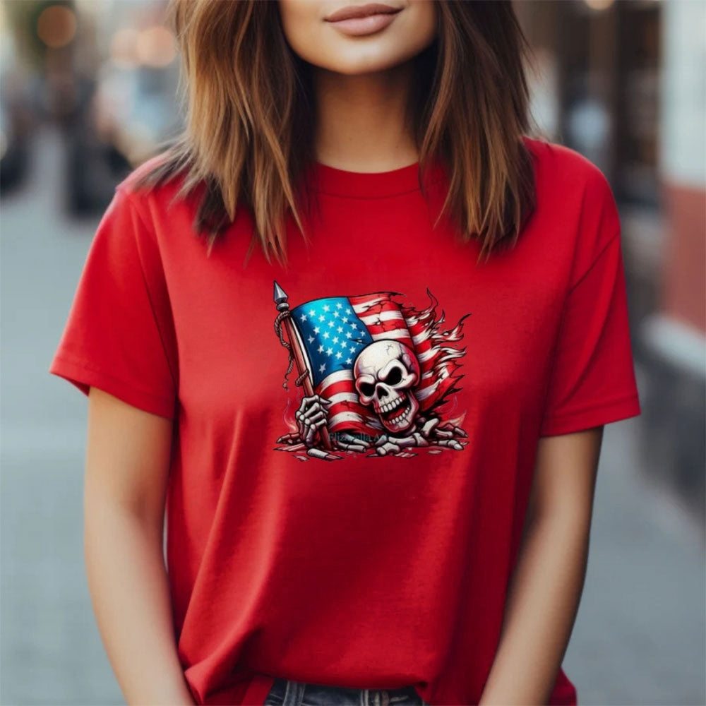 Women Flag Independence Day Skull Print T-shirt