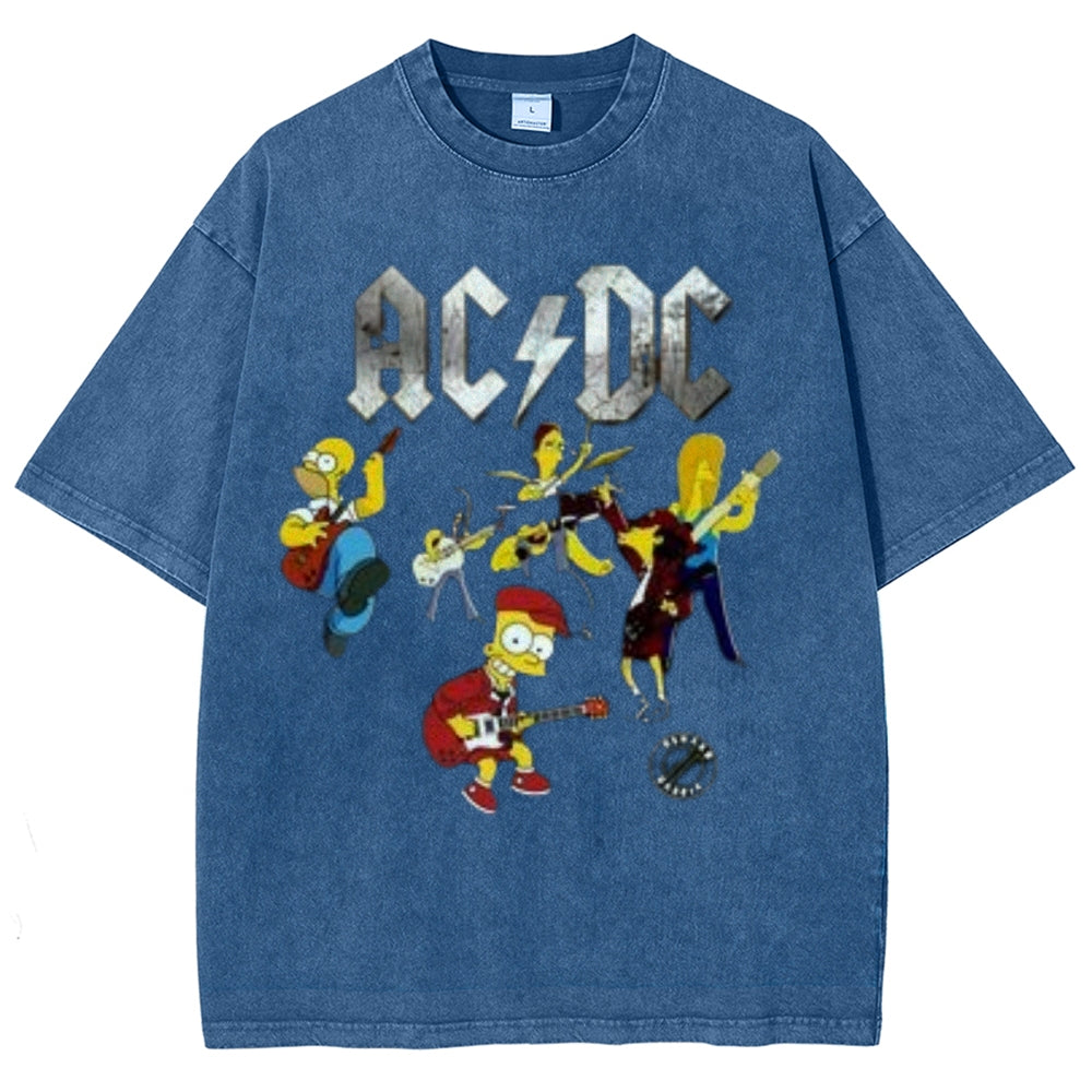 Unisex Vintage The Acdc Rock Band Print Short Sleeve Casual Graphic Washed T-shirt