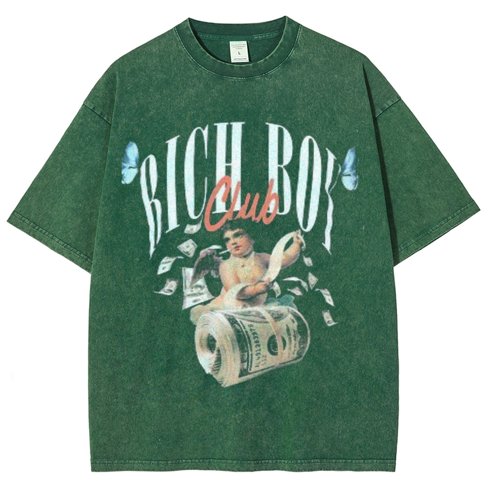 Unisex Vintage Rich Boy Club Graphic Short Sleeve Washed T-shirt