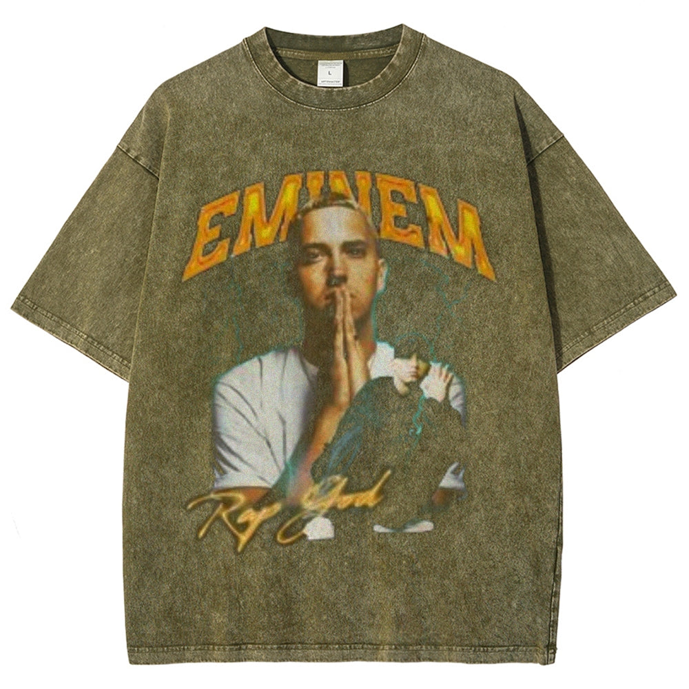 Unisex Vintage Eminem Darkness Style Graphic Short Sleeve Washed T-shirt