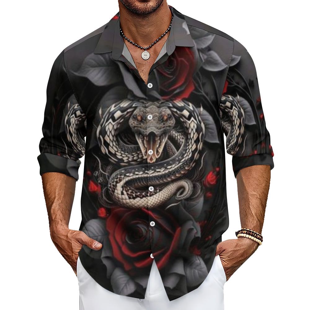 Mens Evil Snake with Roses 3D Print Long Sleeve Shirt