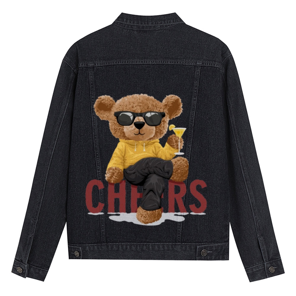 Mens Vintage Cartoon Cute Bear CHEERS Prints Denim Jacket