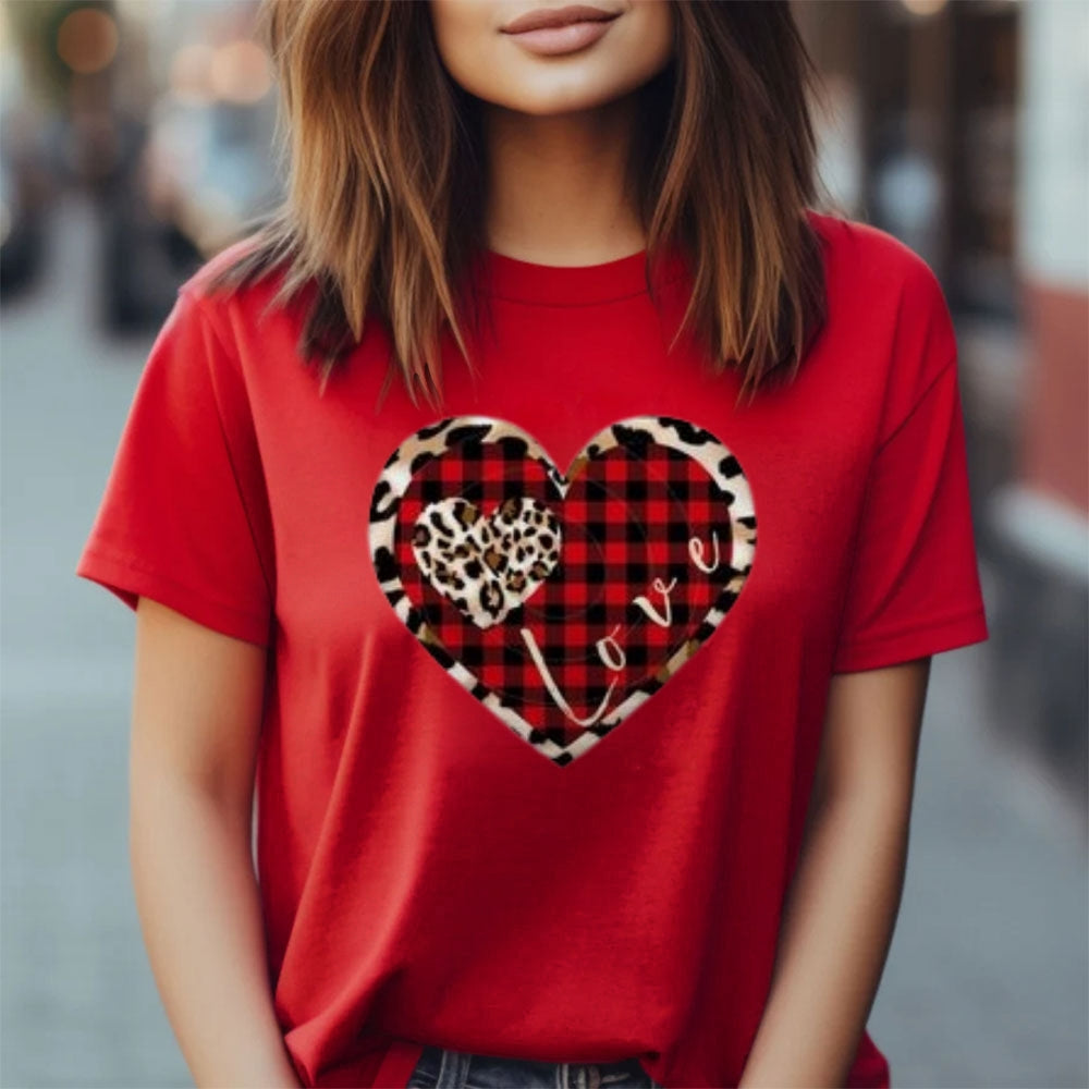 Women Love Leopard Heart Valentine's Day Print Graphic T-shirt