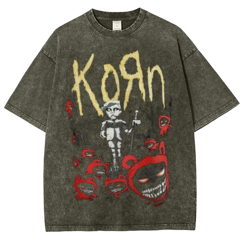 Unisex Vintage The Korn Rock Band Print Short Sleeve Casual Graphic Washed T-shirt