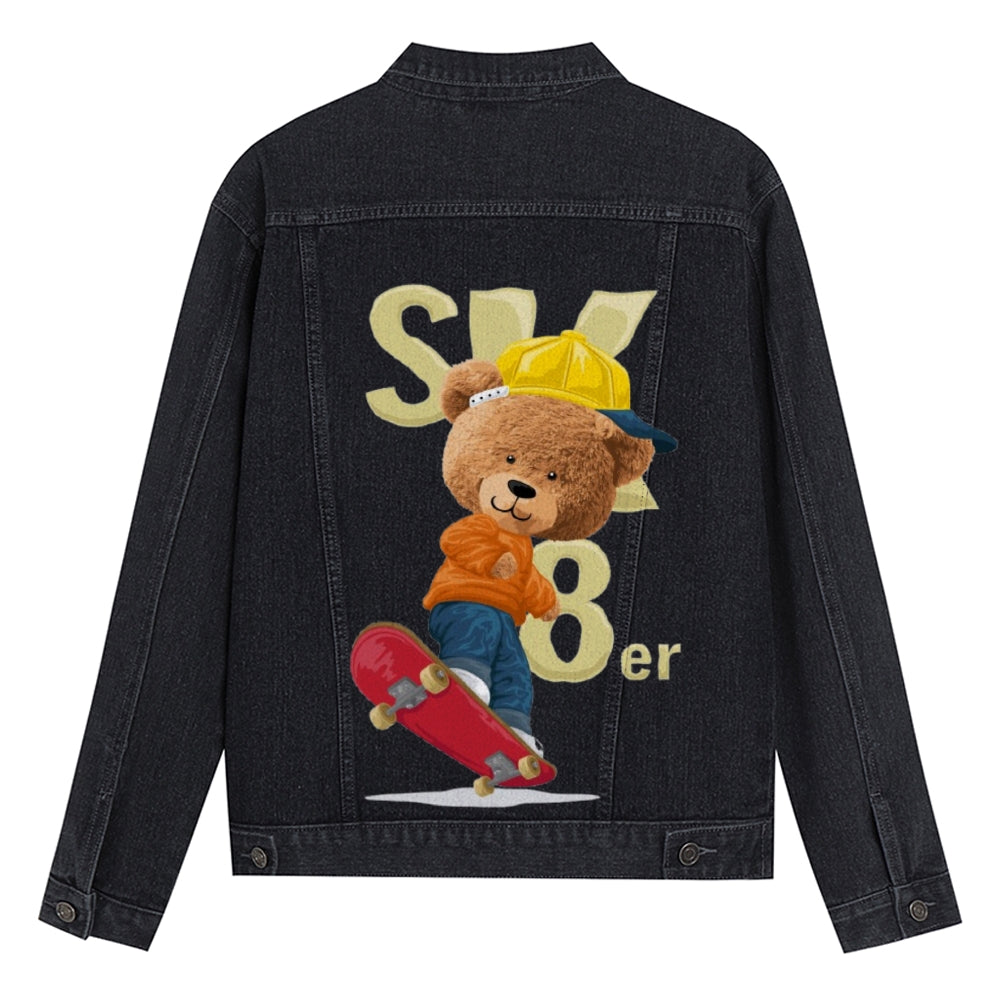 Mens Vintage Cartoon Cute Bear SK8er Prints Denim Jacket