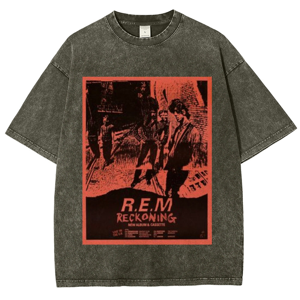 Unisex Vintage The Rem Rock Band Print Short Sleeve Casual Graphic Washed T-shirt