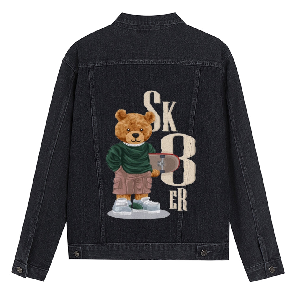 Mens Vintage Cartoon Prints Cute Bear Sk8er Denim Jacket