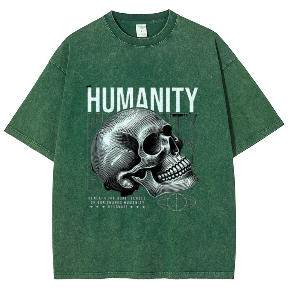 Women Washed Vintage Humanity Skull Graphic T-shirt