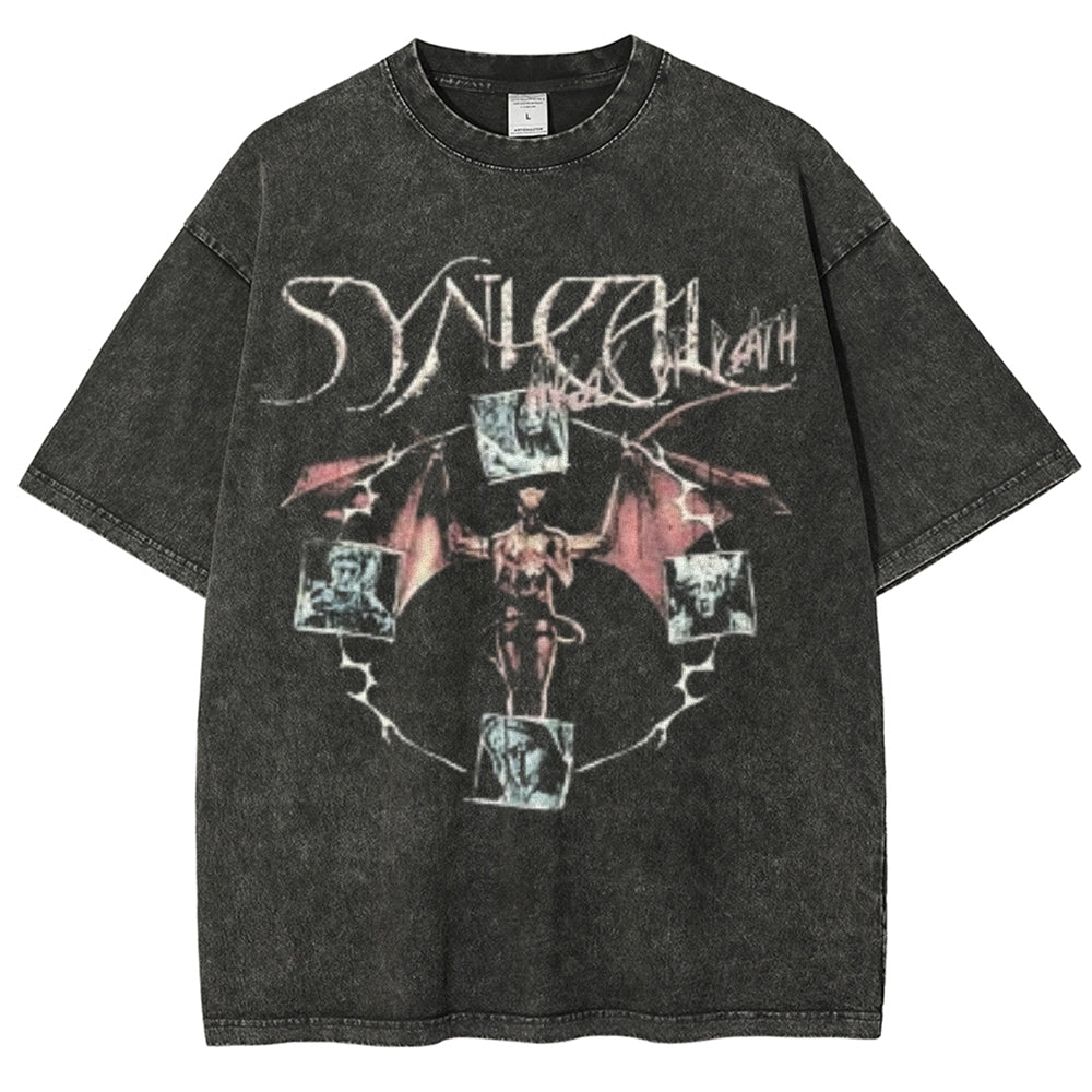 Unisex Vintage Synical Angel Graphic Short Sleeve Washed T-shirt