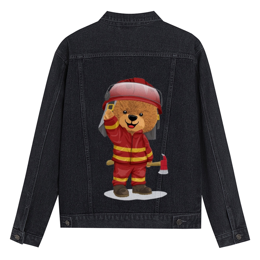 Mens Vintage Cartoon Cute Firefighter Bear Prints Denim Jacket